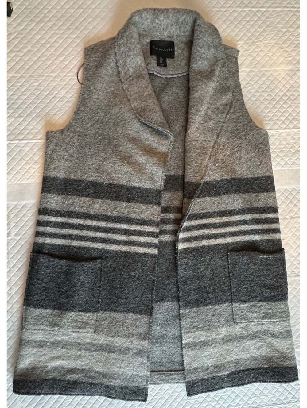 Tahari Gray Striped Wool Blend Sleeveless Vest Large